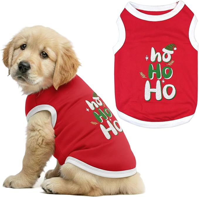 Parisian Pet Red Dog Tshirt - Embroidered “ ho Ho Ho “ Dog Christmas Shirt - Lightweight 100% Cotton Shirt - Sleeveless Clothes - Machine Washable Dogs Vest - Shirts for Small Dogs - XXS