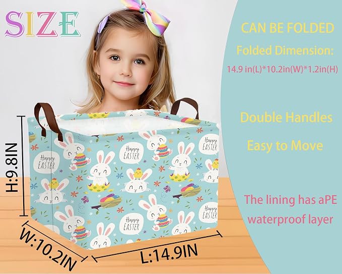 Large Rectangular Easter Baskets Empty Waterproof Boy Toy Box Foldable Kid's Gifts Storage Bin Spring Room Decor(Flower Rabbit Holding Egg)