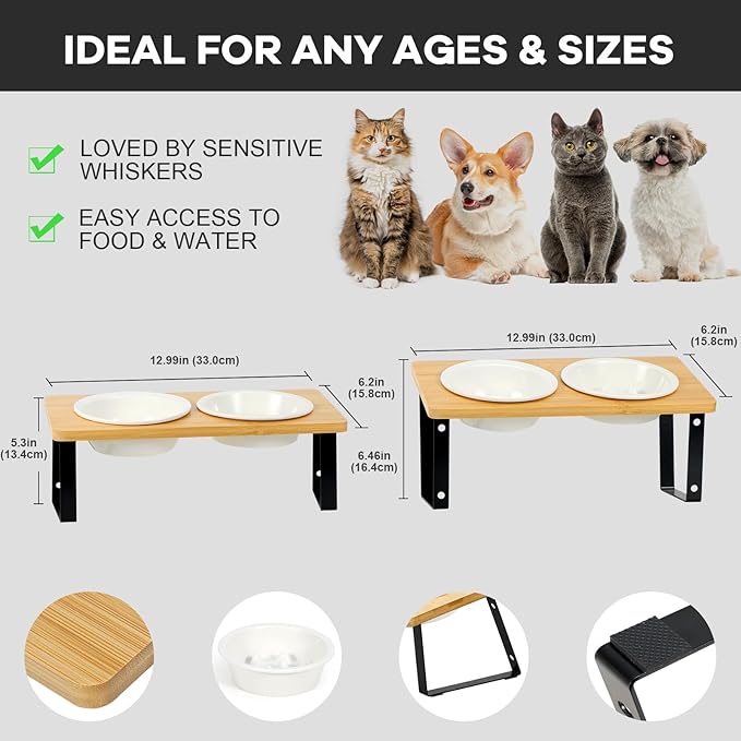 LEAWALK Upgraded Adjustable Height Cat Food Bowls Stand Ceramic Dog Bowls and Slow Feeder Cat Bowl, 15°Tilted Stand Anti Vomiting Raised for Small and Medium Sized Cats Dogs (White)