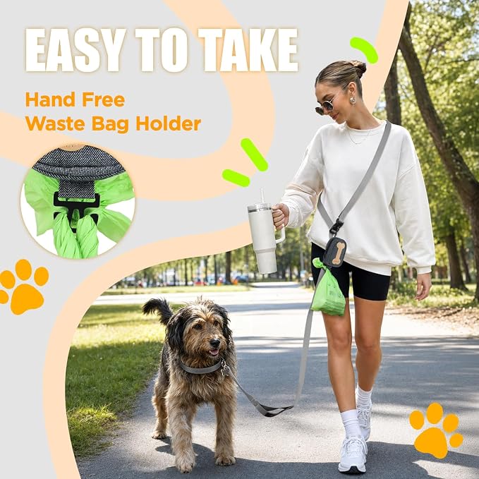 Dog Poop Bag Holder for All Leashes,Hand Free Doggie Waste Bag Dispenser-hook & loop/Carabiner,Dog Poop Bag Dispenser for Leash,Wide Opening,Leash Attachment for Dogs Walking,Poop Bags EXCLUDED,Gray