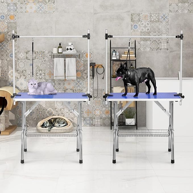 SoarFlash Pet Dog Grooming Table Foldable,Heavy Duty Foldable Pet Grooming Table with Arm & Noose & Mesh Tray, Maximum Capacity Up to 330lbs, 46inch, Blue