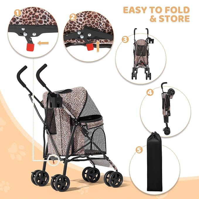 Magshion Compact Fold Pet Travel Stroller for Small Dogs Cats, Leopard | Up to 22lbs, 4-Wheel Lightweight Umbrella Shaped Design, Safety Tethers, Breathable Mesh, Cup Holder & Rear Storage