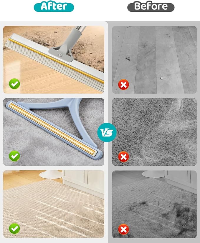 Carpet Rake for Pet Hair Removal, Reusable Pet Hair Remover Tool with 54 Inch Adjustable Long Handle, 3 Piece Carpet Scraper Set with Pet Bath Brush for Rugs, Carpets, Couch and Furniture