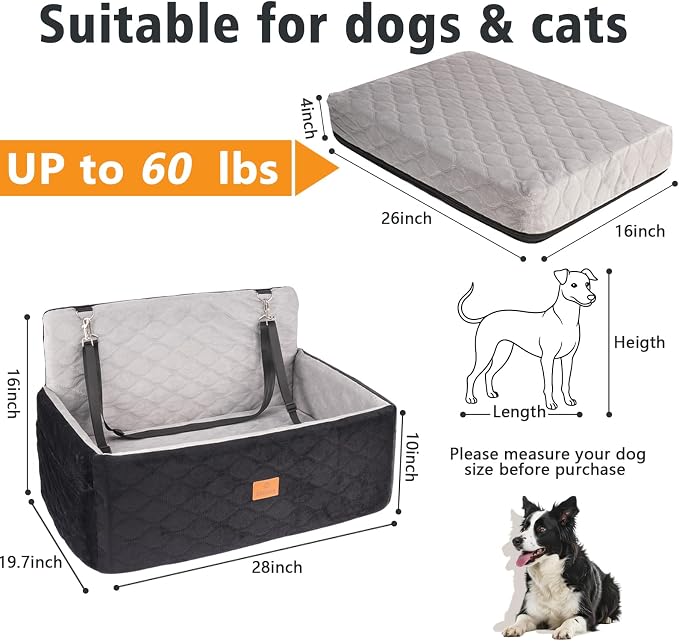 Dog/Cat Car Seat Pet Booster Seat for Dogs/Cats up to 60 lbs | Suitable for Small/Medium Pet Memory Foam with Detachable Washable Cover Travel-Safe Car Bed with Safety Belt/Storage Pocket