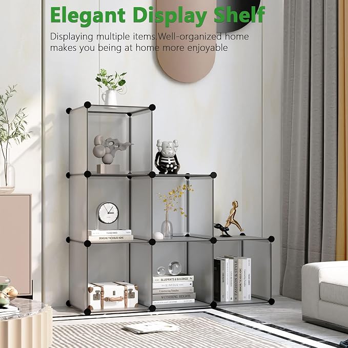 C&AHOME 6-Cube Storage Organizer Cube Shelf Closet Storage Bookcase, Grey | Stackable Cubby Storage, Bookshelf, Portable Plastic Storage Closet Organizer, DIY Modular Shelving Units for Home, Wardrobe