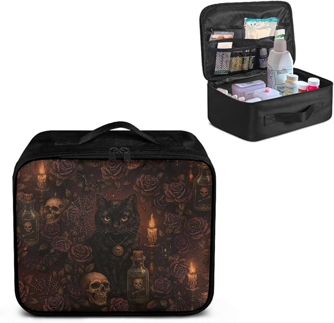Gothic Empty First Aid Bag Black Cat Skull Empty First Aid Bag Medical Bag Empty Large Capacity for Home Office and Travel Use Lightweight Washable Soft Fabric