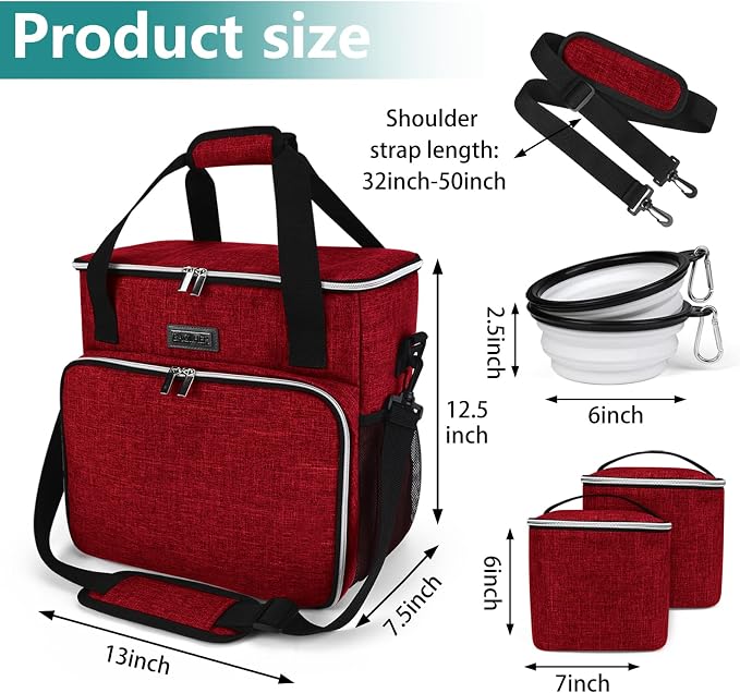 BAGLHER Dog Travel Bag, Pet Travel Bag (ALL Pet Travel Supplies), With 2 Pet Food Containers and 2 Collapsible Silicone Bowls; Essential Kits for Travel Red