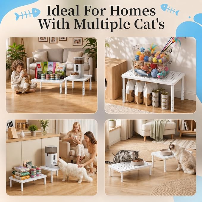 Adjustable Automatic Cat Feeder Stand - Elevated Cat Feeder Stand with 3 Height Settings, Fits Most Automatic Feeders & Tradition Bowls, Raised Pet Feeding Table Station for Cats & Small Dogs - White