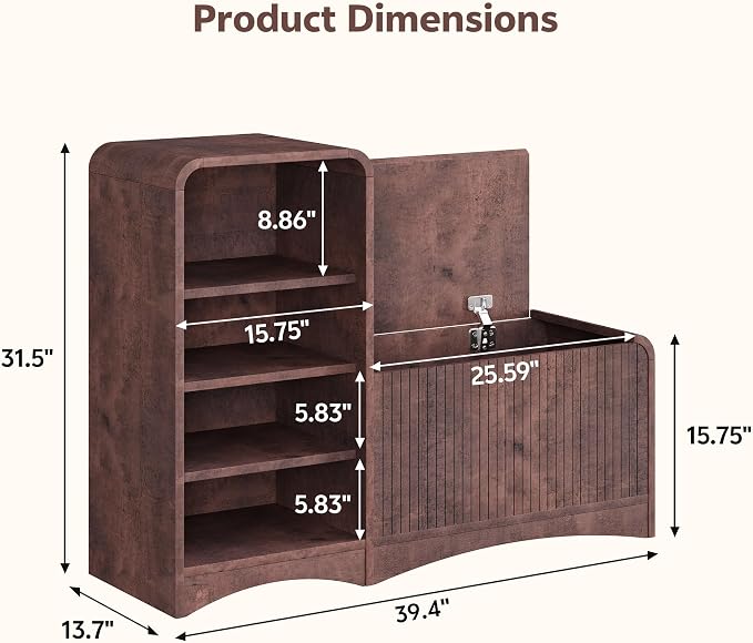 L-Shaped Shoe Storage Bench with Lift Top Box & Shelf, Walnut | Durable Wood Cabinet With Hidden Storage For Entryway, Hallway, Apartment
