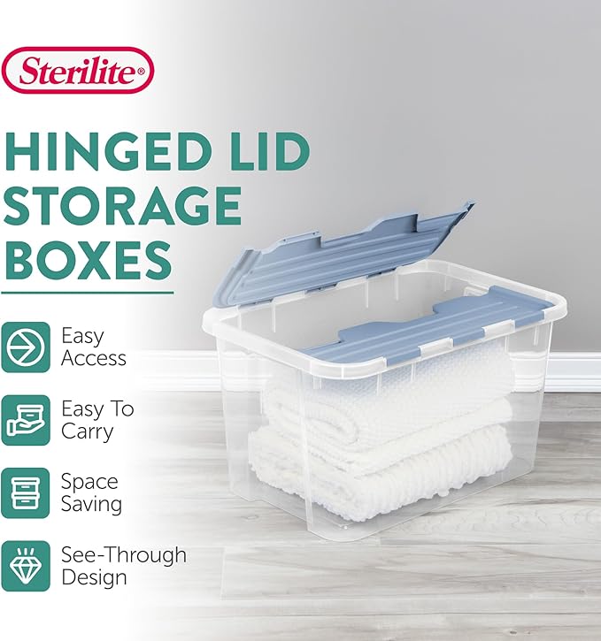 SteriliteHinged Lid Storage Box Plastic Container, 60 Quart, 6 Pack | Washed Blue - Home Organizer Tote for Storing Shoes, Crafts, Clothing, or Decor
