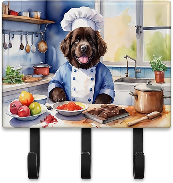 Caroline's Treasures Newfoundland The Chef Leash or Key Holder Wall Hooks, Key Hooks Holder, Coat Rack Wall Mount, Coat Hooks, Hooks for Hanging Keys, Towels, Aprons, Leashes | Newfoundland The Chef artwork on ceramic tile with three steel hooks for ke...