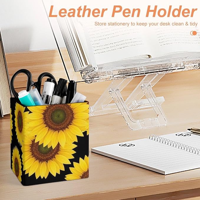 Pen Holder for Men Women, Floral Black Yellow Flowers Sunflower Pen Pencil Organizer Box Makeup Brush Holder Office Supplies Desk Accessories