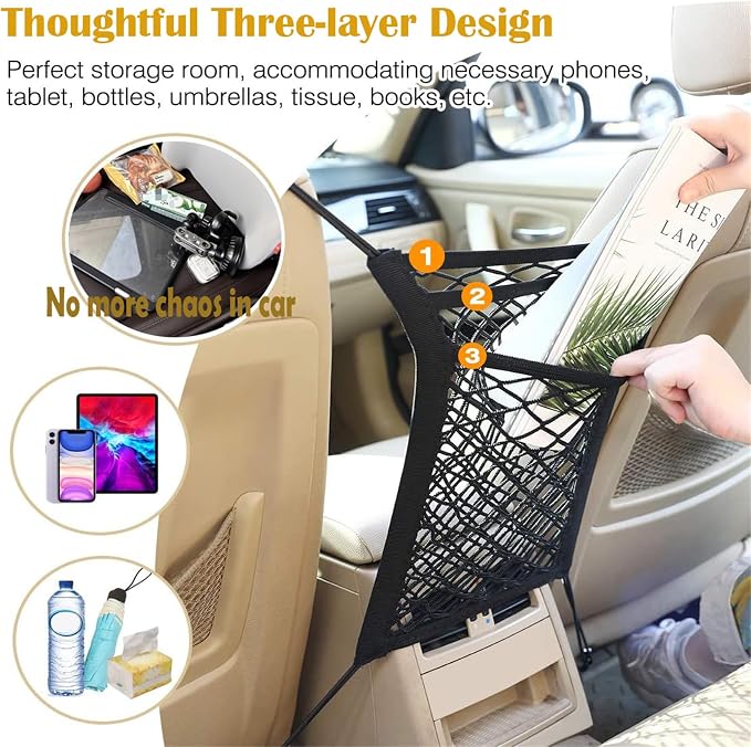 DYKESON Dog Car Net Barrier with Mesh Organizer, Pet Divider for Cars, SUVs | Upgraded Pet Barrier With Stretchable Storage Bag Pouch，Auto Backseat Net, Pet kids Safety Divider, Easy Install (3 Layer S)