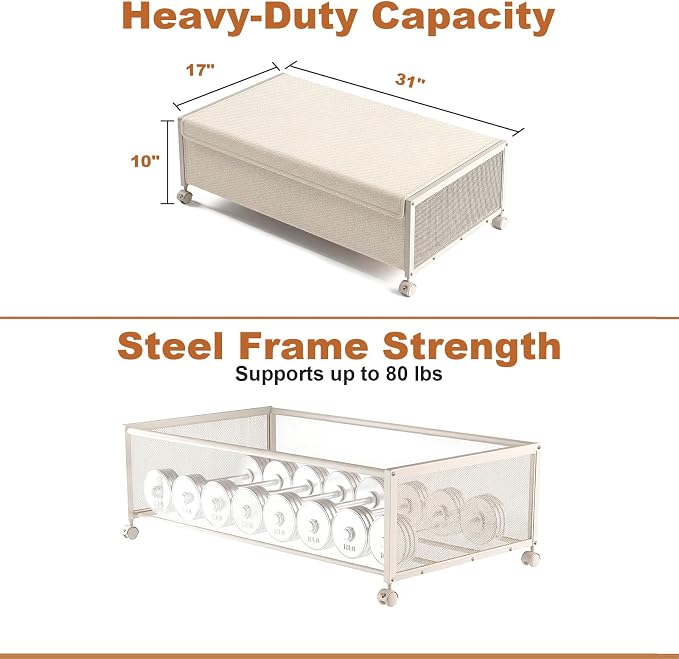 Fokyfok 2Pack Under Bed Storage Containers,10 inch Height,31 inch Long | Under Bed Shoe Storage,Underbed Storage with Wheels,Large Rolling under bed Clothes Storage Drawers,Lid,Dorm Tall,Ivory