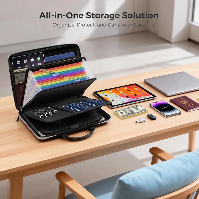 Fireproof Document Box,Hard Case Fireproof File Organizer with Lock 13 Pocket Accordion File Folder Reflective Zipper Portable Safe Box for Home Office Travel to Storage Important Documents Laptop
