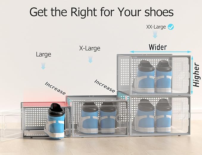 Kuject XX-Large Shoe Storage Boxes 12 Pack, Clear Stackable Shoe Organizer | Shoe Case for Closet, Entryway & Under-Bed Storage, Drop-Front Design, Space-Saving Solution for Family Organization,Grey