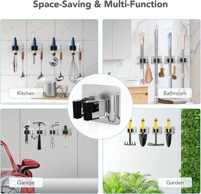 homeasy Mop Broom Holder No Drill, Mop Broom Organizer Wall Mounted Heavy Duty with Hooks Hanger, Self Adhesive Stainless Steel 4Pcs for Bathroom, Kitchen, Office (Multicolor)