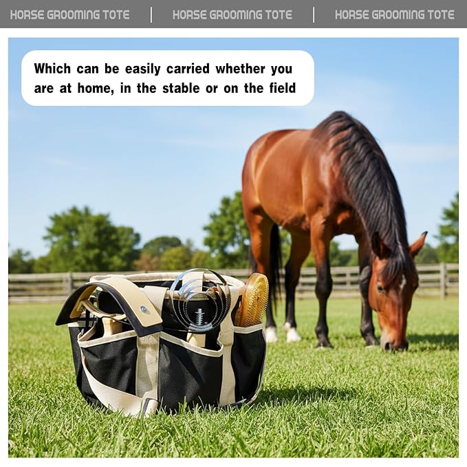 Abbylike Grooming Tote,Stylish,10.63 x 10.63 x 9.45 Inch,Khaki and Black | Tote Bag for Horses and Dogs, Organize Tack Tools Equestrian Grooming Kit, Care Portable with Multiple Pockets for Supplies