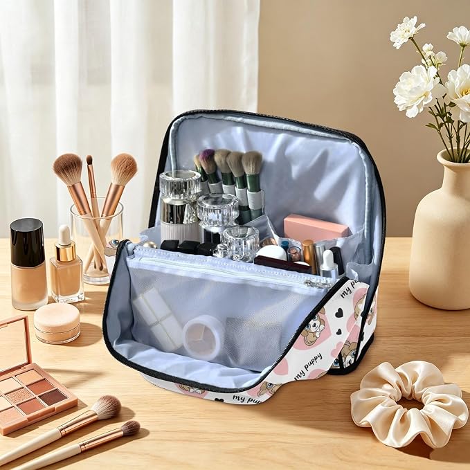 MCHIVER Pets Puppy Makeup Bag Travel Makeup Bag for Women | Stand-Up Large Makeup Bag Organizer with Handle and Divider for Travel Accessories, 10x4.1x9.6 In