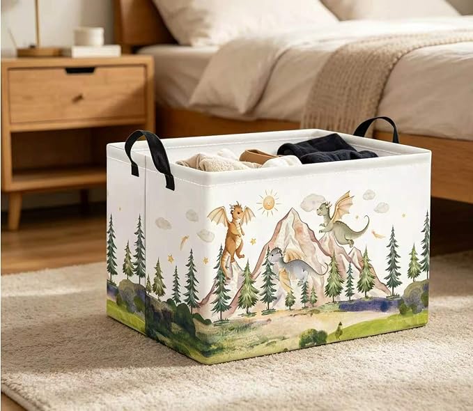 Rectangular Kids Basket Baby Girl Basket Fabric Storage Bin Organizer Box Room Decor(Hill Dinosaur)