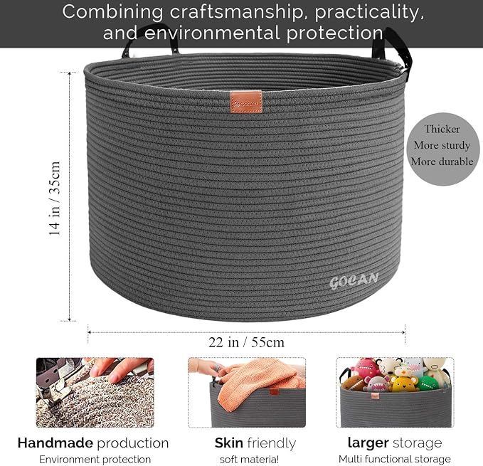 Cotton Rope Woven Laundry Basket 22"X 22"X 14" with handles(Dull grey) XXXL | Hand-woven, ideal for storing blankets and cushions in the living room, and clothes for household storage.