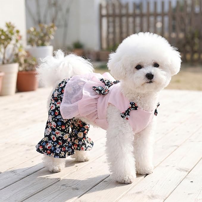 Vintage Floral Bowknot Sleeveless Romper for Small Dogs Cats Rabbits, Breathable Cotton Ruffle Flared Pants, Teacup to Small-Medium Pets for Walk Photo Vacation (Pink-Floral, X-Large)