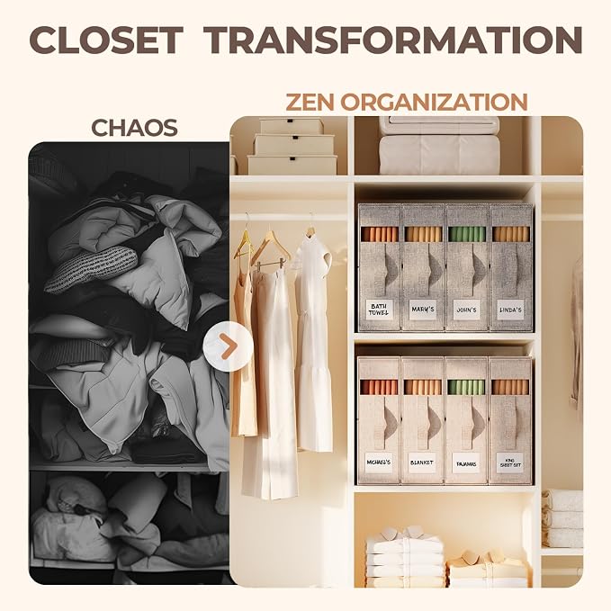 Sheet Organizers and Storage for Linen Closet, 12Pack Beige | 1200D Linen-Type Cloth, Fits King and Queen Sheet Sets, Clear Window and Label Slot, Foldable Dustproof Storage with Handle