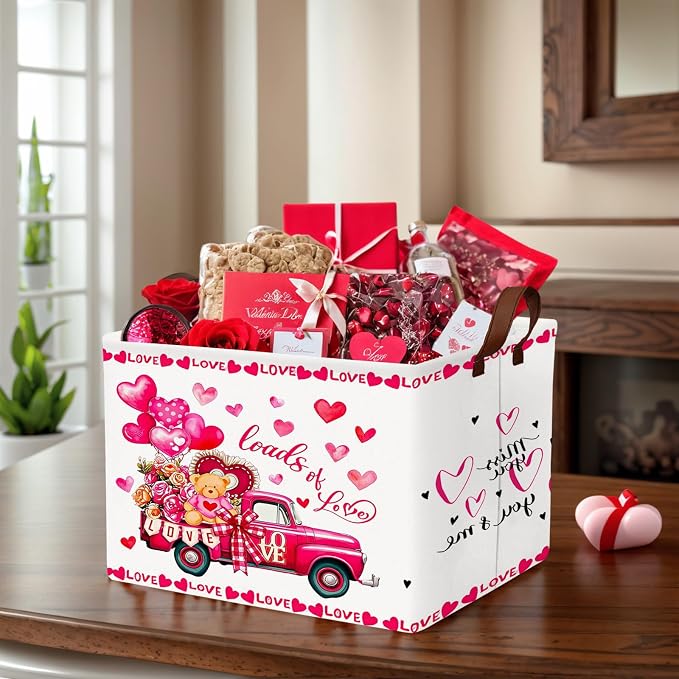 Cute Large Valentine's Day Gift Basket Empty Heart Decor Storage Bin for Kid Baby Room Décor (Rose Red Truck Bear)