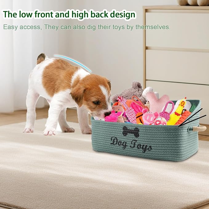 Dog Toy Basket-100% Cotton Rope Dog Toy Bin for Living Room Area-Trapezoid Pet Toys Box with Sturdy Handle-Puppy Bed-Dog Stuff Organizer for Pet Toys,Collar,Leash,Blanket-Chew Proof -Green
