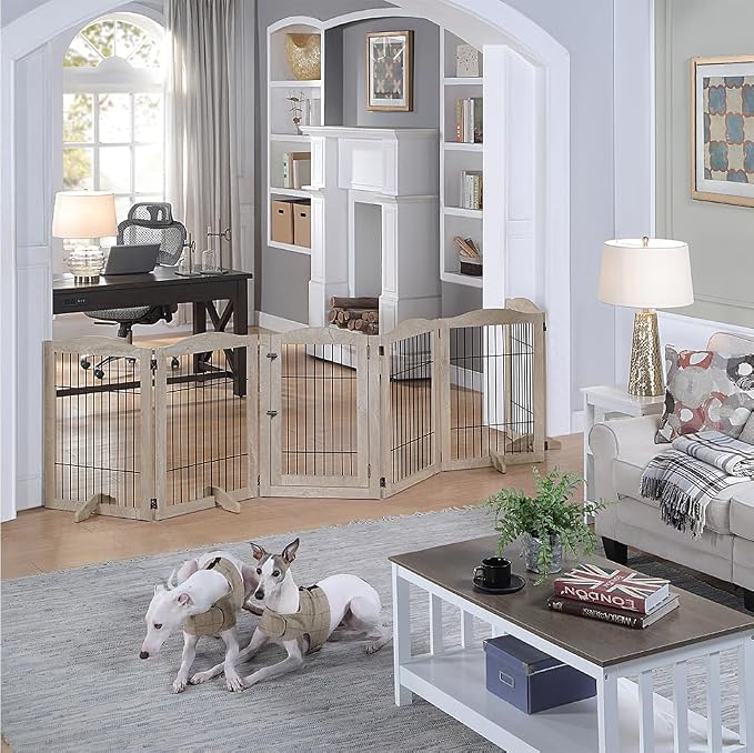 unipaws 132" Extra Wide Dog Gate and Pet Playpen with Walk Through Door | Free Standing Tall Dog Fence, Barriers for Home, Use as Indoor Dogs Cats Pen, Rabbit Pen, Weathered Grey