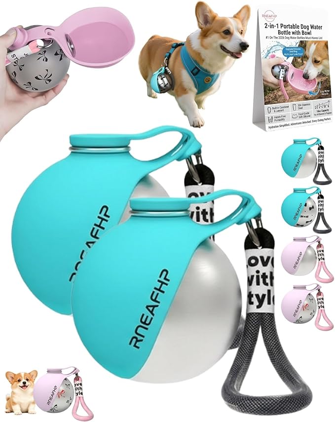 Dog Water Bottle with Bowl 2-in-1 Portable Leak Proof 10 OZ Puppy Travel Drink Dispenser for Large Medium Small Breeds Stainless Steel Hydration Tumbler Buddy Cup for Dogs Pets Outdoor(2Blue A)