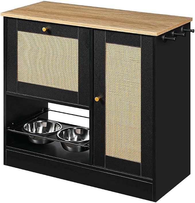 Pet Feeder Station Storage Cabinet, Hidden Pet Feeder Station with 2 Elevated Dog Bowls and Side Hooks, Large Pet Food Organizer Furniture for Feeding & Watering Supplies,