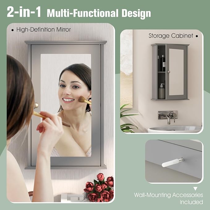 LOKO Bathroom Medicine Cabinet, Wall Mounted Storage Cabinet (Grey) | Single Mirrored Door | Adjustable Shelf | For Bathroom, Living Room, Entryway | 13.5 x 6 x 21 inches