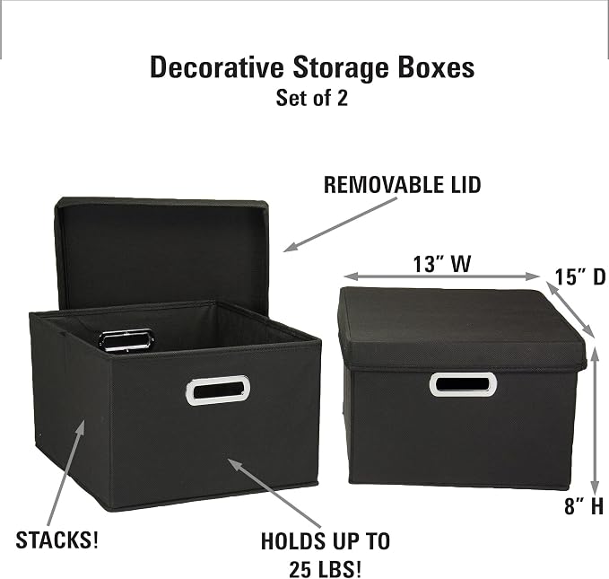 Household Essentials Fabric Storage Boxes with Lids and Handles, Black