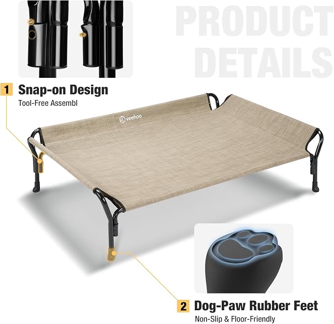 Veehoo Medium Elevated Dog Bed, Guardrail, Non-Slip, Teslin Mesh, 35"L x 26"W x 11"H, Beige Coffee | Washable Dog Couch Bed for Indoor & Outdoor, Durable Breathable Teslin Mesh, Non-Slip Feet, Medium, 39.5" x 28", Beige Coffee