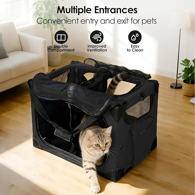 Extra Large 2-Cat Foldable Pet Travel Carrier,24"x17"x17",Black | Removable Divider, Metal Frame Support, Breathable Mesh Panels, With Storage Tote & Padded Straps