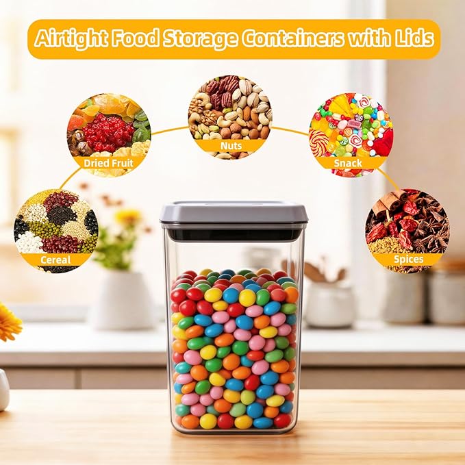 Pop Push Button Airtight Food Storage Containers with Lids | 3 Sizes: 0.65/0.7/1.8Qt for Cereal Flour Sugar Snacks Pet Food, BPA-Free Space-Saving Pantry Kitchen Canisters