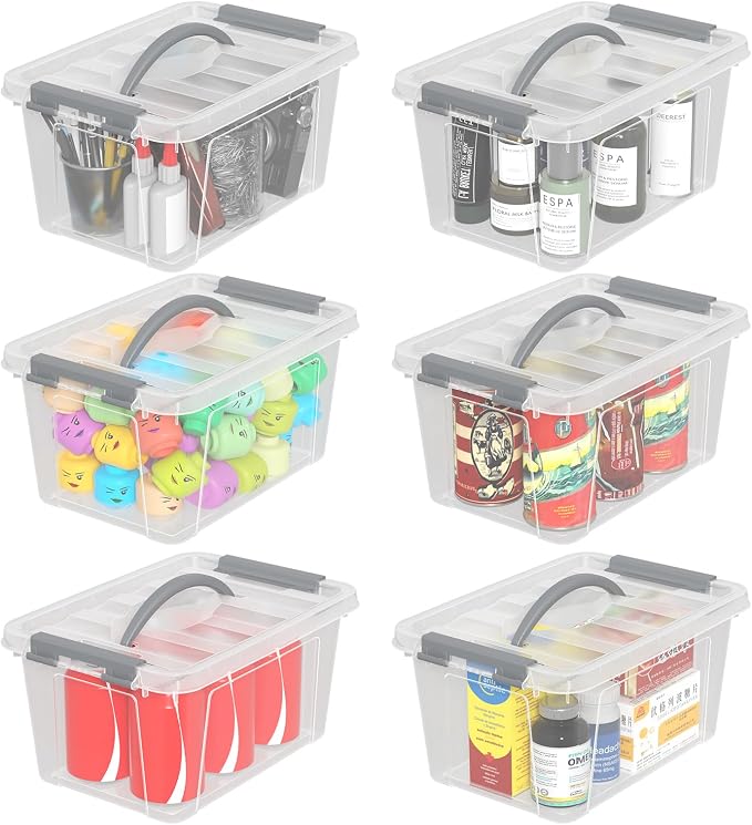 6L Clear Storage Latch Bins, 6-Pack Organizer Box with Handle