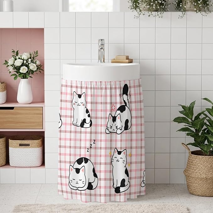 Cute Cat Oven Skirt Curtain for Kitchen Decor 28"x35", Modern Playful Pet Cats Pink Brown Plaid Self Adhesive Stove Curtains Skirt Cabinet Curtains for Bathroom Laundry Room