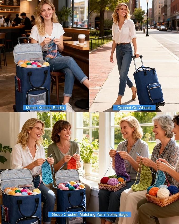 Coopay Portable Crochet Bag, Extra Large Yarn Storage for Crochet Accessories and Supplies, Yarn Bags with Wheels and Telescoping Handle, Durable Knitting Bag for Craft Enthusiasts