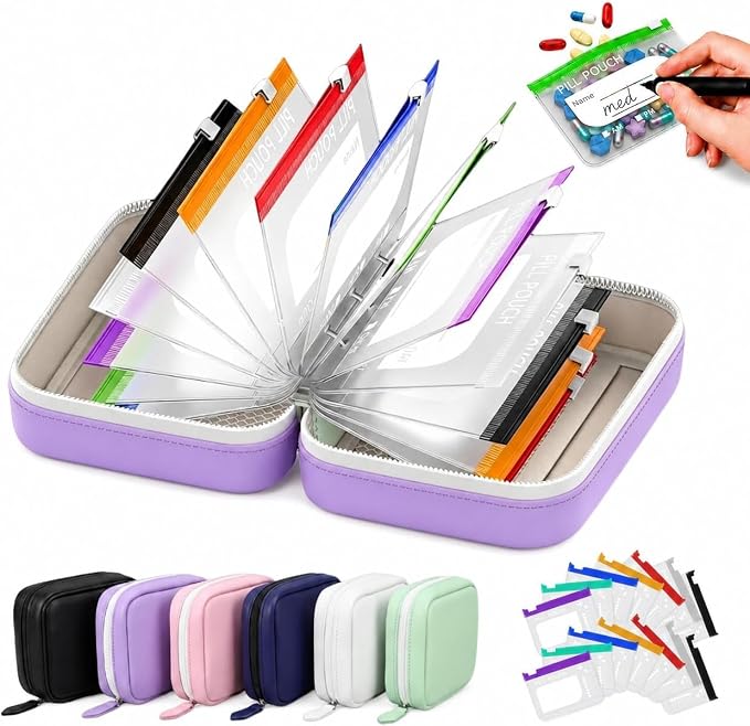 14 Color-Coded Waterproof Pill Pouch Set, Book-Shaped Travel Pill Organizer, Reusable Medication Storage Case for Vitamins, Prescription Pills, College Dorm Daily Use and Pet Supplements，Purple