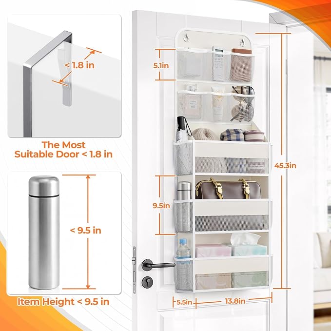 SpaceHacks 5-Tier Over the Door Organizer with Mesh Pockets, Baby Nursery Storage for Closet, Bathroom and Bedroom, Adjustable Hanging Closet Organizer for Cosmetics, Books and Essentials (Beige)