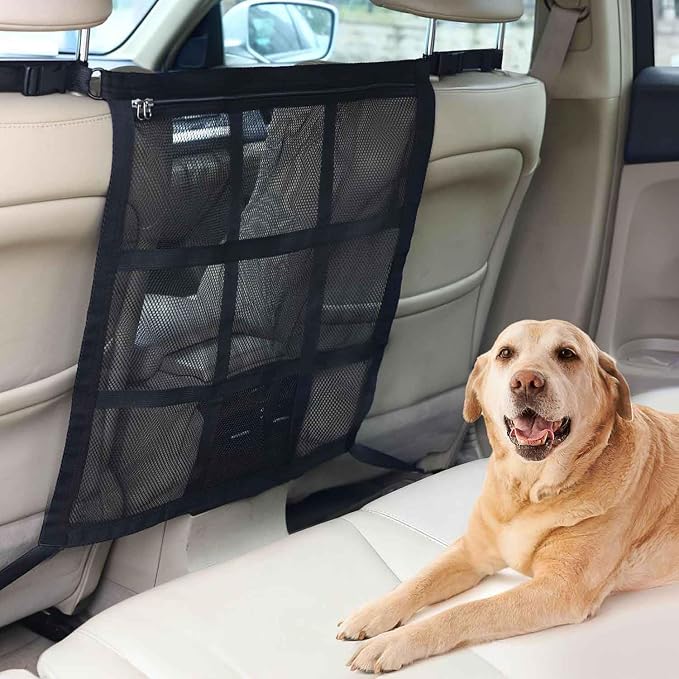 Dog Car Barrier for VW Caddy 2003-2020, Pet Net Organizer | Front Rear Seat Mesh Divider | Breathable Safety Partition | Travel Fence Adjustable Straps | Storage Pockets | Secure Hook