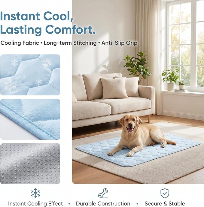 Dog Cooling Mat for Large Dogs,Washable Self Cooling Pet Pad with Non Slip Bottom,Portable Ice Silk Cooling Bed for Medium Large Dogs,Foldable Cooling Blanket for Indoor Outdoor Crate Use(Blue,XXL）