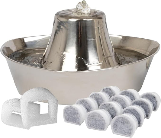 PetSafe Seaside Stainless Cat & Dog Fountain - Carbon and Foam Filters & 1 Pump Included, Tower Creates Soothing Flow for Pets, Scratch-and Rust-Resistant Material Inhibits Pet Acne, 60 Oz