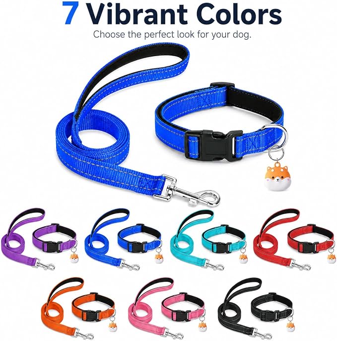 Reflective Soft Neoprene Padded Matching Dog Collar with Leash Airtag Holder Case Set Safety Breathable Adjustable Nylon Dog Collars for X-Small Small Medium Large Dogs-Navy Blue-L