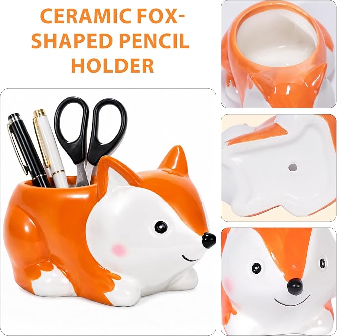 Ceramic Fox Shaped Pen Pencil Holder for Desk Decoration Accessories Fox Decor Makeup Brush Pen Cups Office School Ideal Gifts for Women, Mom or Birthdays