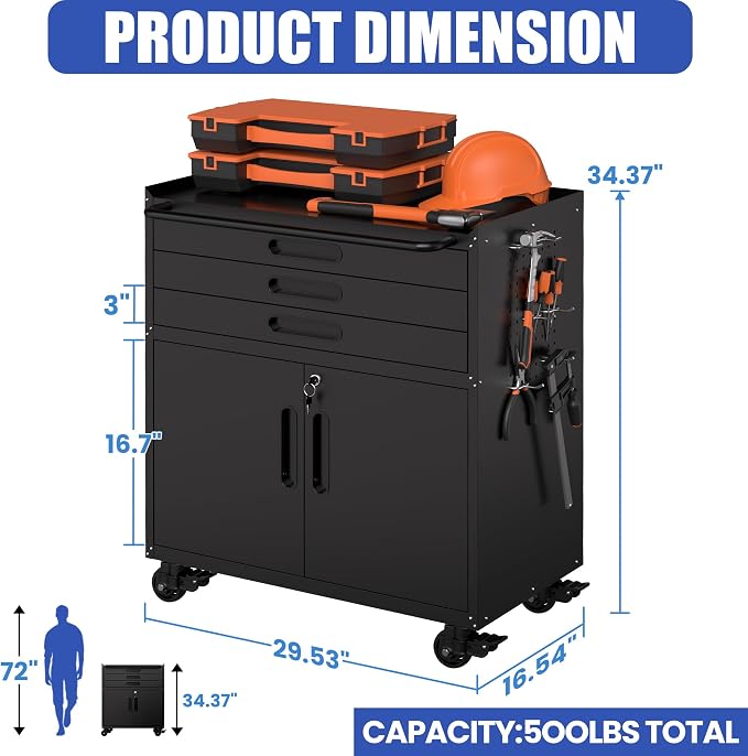 Metal Mobile Tool Storage Cabinet with 2 Locking Door and 3 Drawer | Black Heavy Duty Rolling Tool Cabinets for Garage,Metal Storage Cabinets with Wheels and Pegboard,Assembly Required