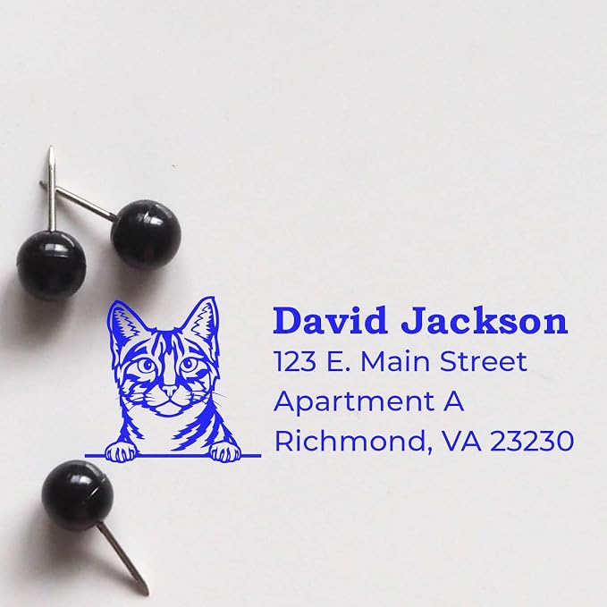 Peeking Egyptian Mau Cat Wood Handle Return Address Stamp - Crisp Imprint | Address Stamper for Veterinary Offices Personalized. Envelope Stamp with Egyptian Mau Cat Design. 4 lines.