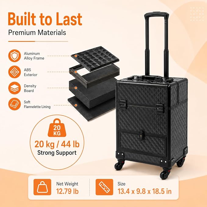 Rolling Makeup, 360°Rotaing Wheel Cosmetic Case Rolling | Portable Nail Makeup Storage Case, Cosmetic Organizer for Tattoo/Barber/Nail Tech Travel Cart Organizer , Black